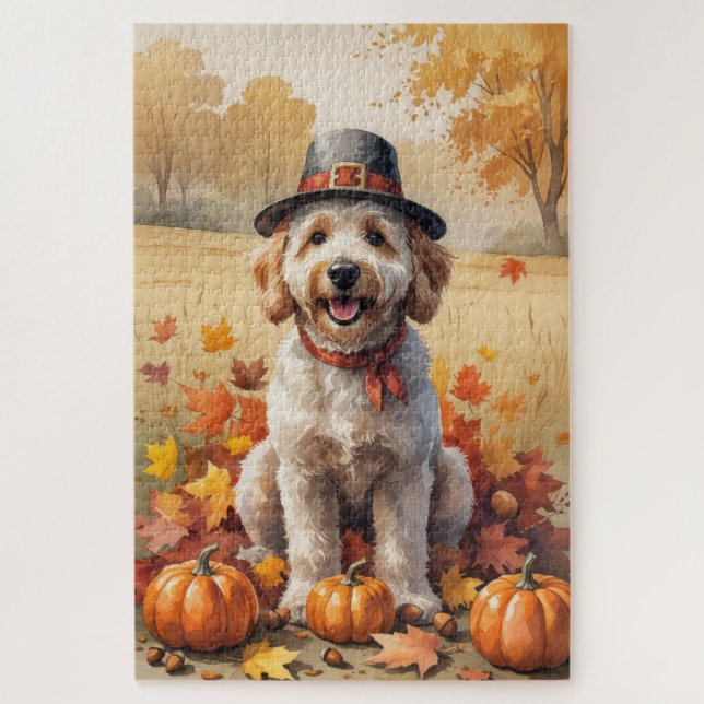 Goldendoodle In Autumn Leaves Thanksgiving Art  Jigsaw Puzzle (Vertical)