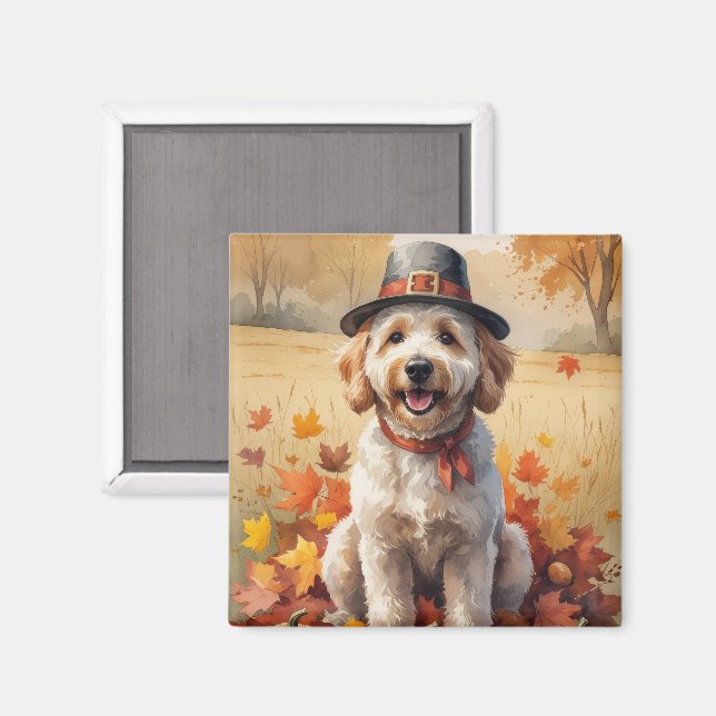 Goldendoodle In Autumn Leaves Thanksgiving Art  Magnet (Front/Back)