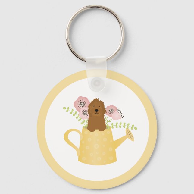 Goldendoodle In Watering Can Yellow Key Ring (Front)
