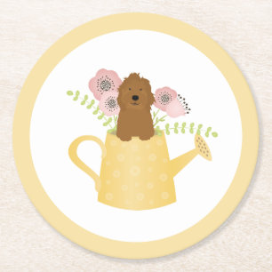 Goldendoodle In Watering Can Yellow Round Paper Coaster
