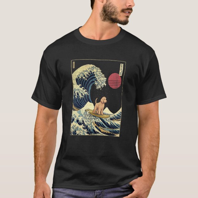 Goldendoodle Japanese Kanagawa Wave  Surf Dog T-Shirt (Front)