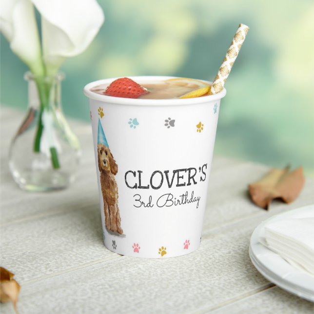 Goldendoodle Lets Pawty Birthday Party Paper Cups (Insitu)