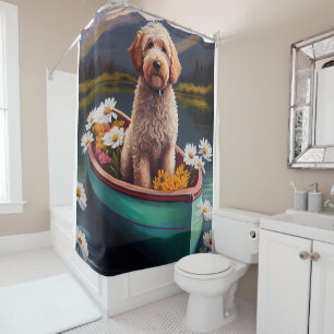 Goldendoodle on a Paddle: A Scenic Adventure Shower Curtain