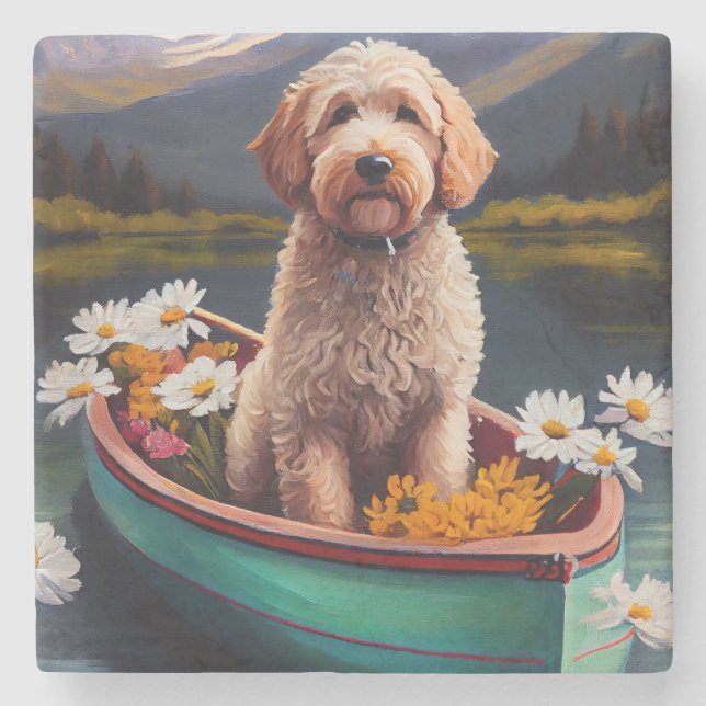 Goldendoodle on a Paddle: A Scenic Adventure Stone Coaster (Front)