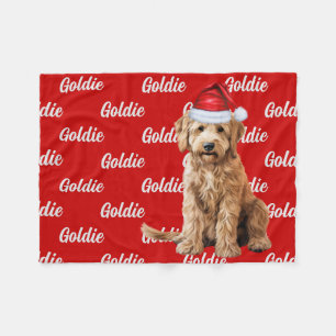 Goldendoodle on Red with Name Christmas Dog Fleece Blanket