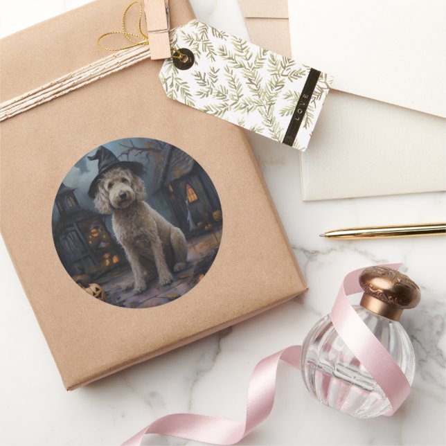 Goldendoodle Pumpkins Halloween Scary Classic Round Sticker (Gifting)