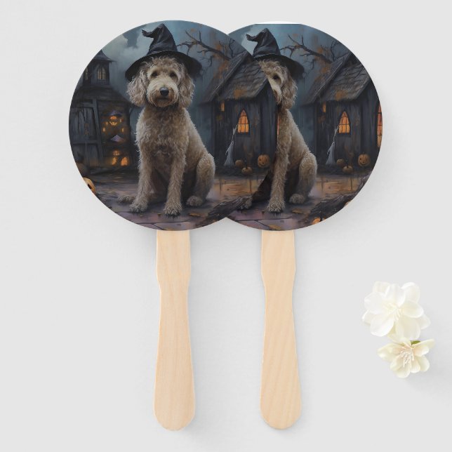 Goldendoodle Pumpkins Halloween Scary Hand Fan (Front and Back)