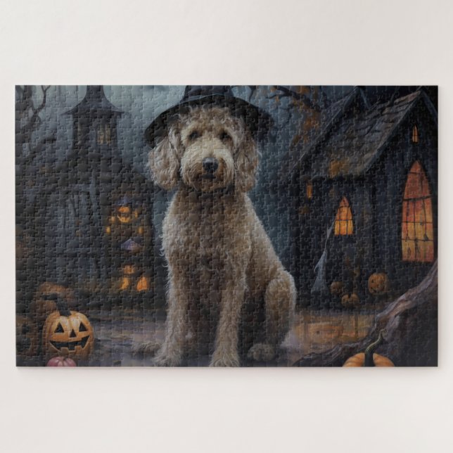 Goldendoodle Pumpkins Halloween Scary Jigsaw Puzzle (Horizontal)