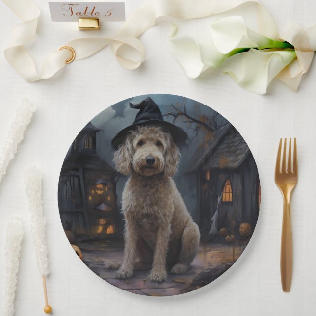 Goldendoodle Pumpkins Halloween Scary Paper Plate (Wedding)