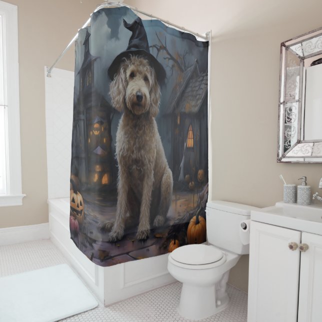 Goldendoodle Pumpkins Halloween Scary Shower Curtain (In Situ)