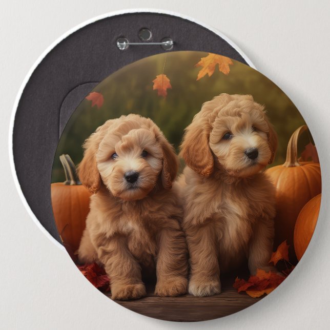 Goldendoodle Puppy Autumn Delight Pumpkin  6 Cm Round Badge (Front & Back)