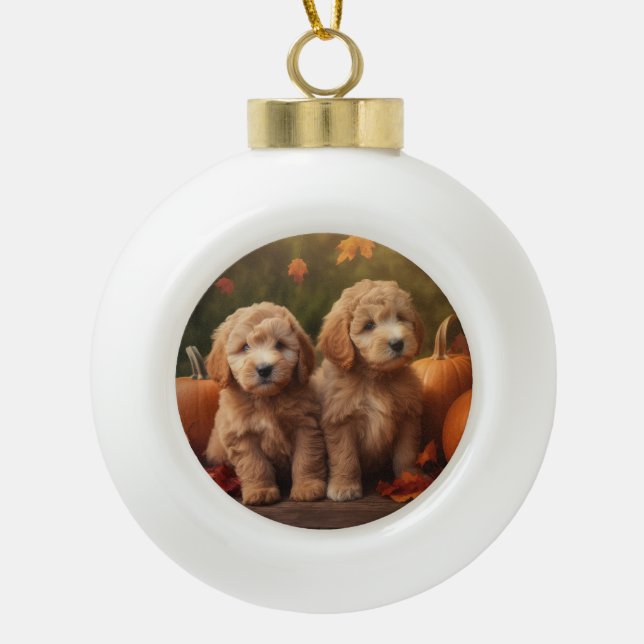 Goldendoodle Puppy Autumn Delight Pumpkin  Ceramic Ball Christmas Ornament (Front)