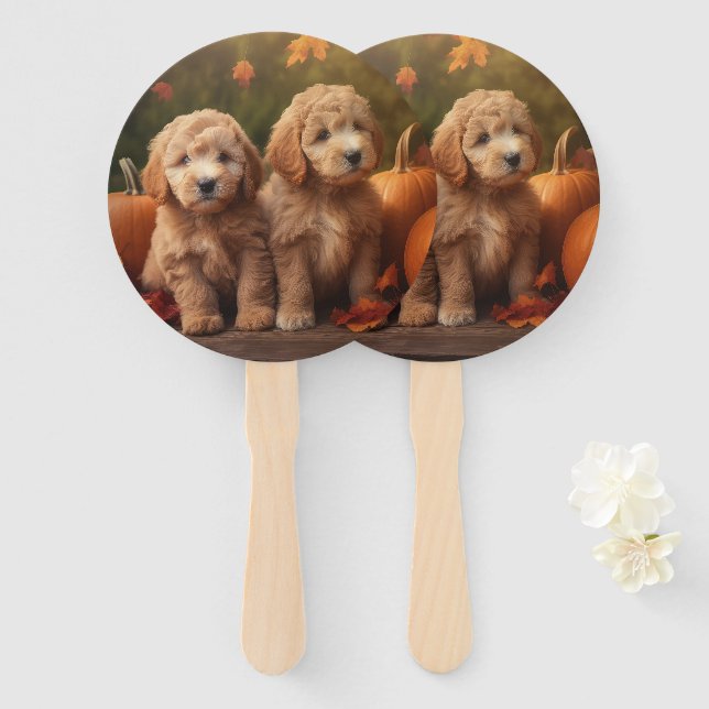 Goldendoodle Puppy Autumn Delight Pumpkin  Hand Fan (Front and Back)