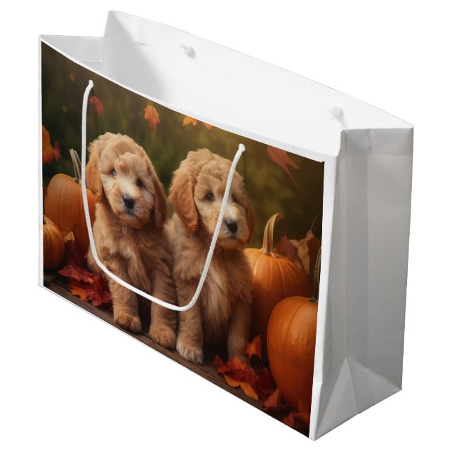 Goldendoodle Puppy Autumn Delight Pumpkin  Large Gift Bag (Front Angled)