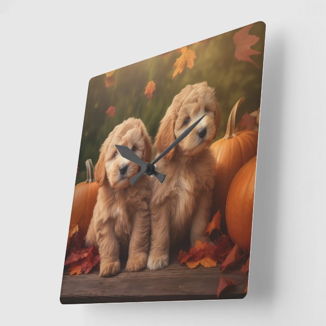 Goldendoodle Puppy Autumn Delight Pumpkin  Square Wall Clock (Angle)
