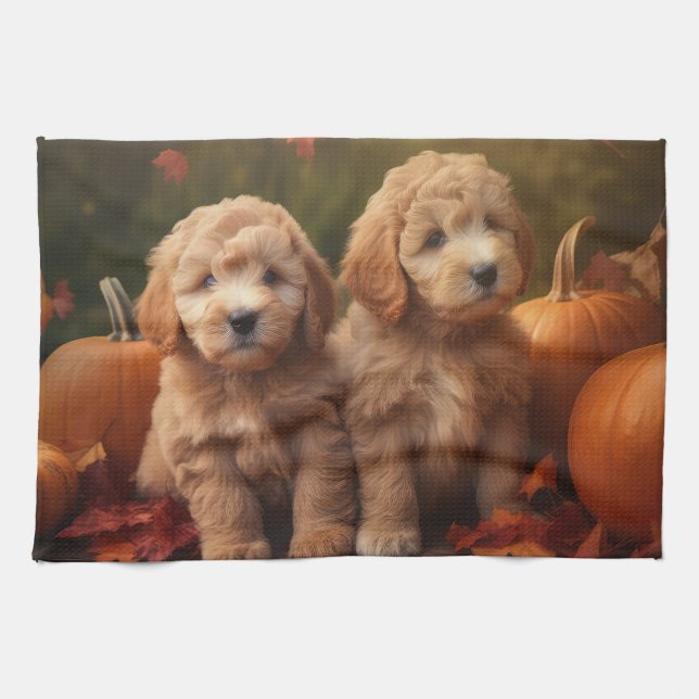 Goldendoodle Puppy Autumn Delight Pumpkin  Tea Towel (Horizontal)