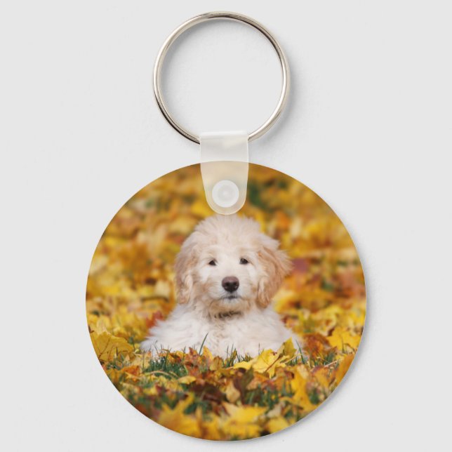 Goldendoodle Puppy In Fall Leaves Key Ring (Front)