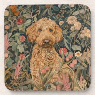 Goldendoodle Puppy in William Morris Style Garden Coaster
