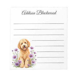 Goldendoodle Purple Daisies Lined Personalised Notepad