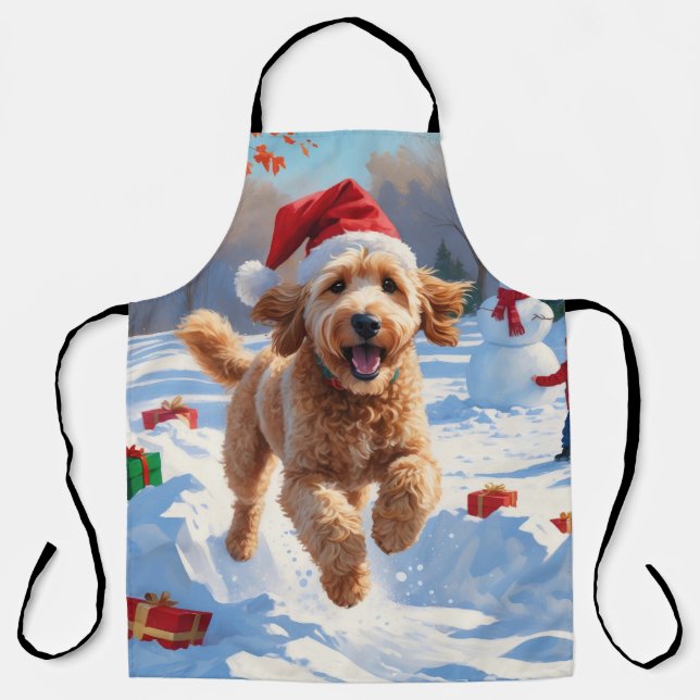 Goldendoodle Running in Snow with Christmas Hat Apron (Front)