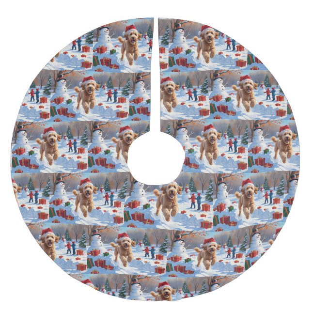 Goldendoodle Running in Snow with Christmas Hat Brushed Polyester Tree Skirt (Front)