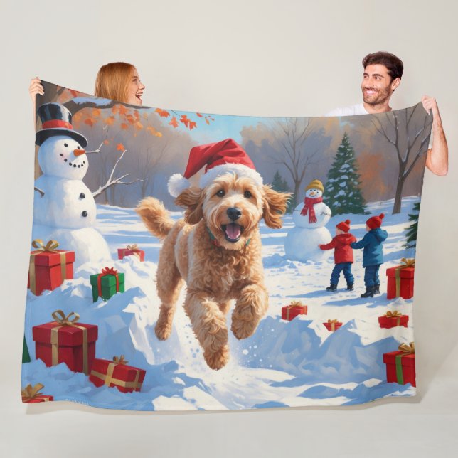 Goldendoodle Running in Snow with Christmas Hat Fleece Blanket (In Situ)