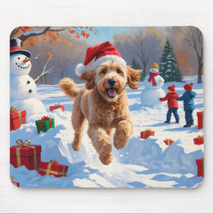 Goldendoodle Running in Snow with Christmas Hat Mouse Mat