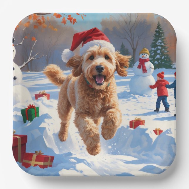 Goldendoodle Running in Snow with Christmas Hat Paper Plate (Front)