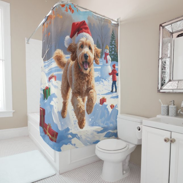 Goldendoodle Running in Snow with Christmas Hat Shower Curtain (In Situ)