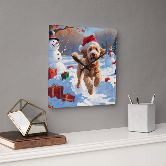 Goldendoodle Running in Snow with Christmas Hat Square Wall Clock (Office)