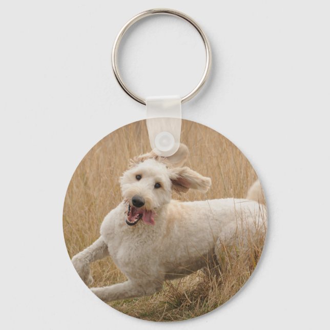 Goldendoodle Runs Through Grass Key Ring (Front)