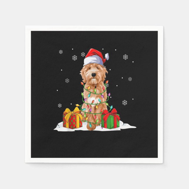 Goldendoodle Santa Christmas Tree Lights Xmas Paja Napkin (Front)