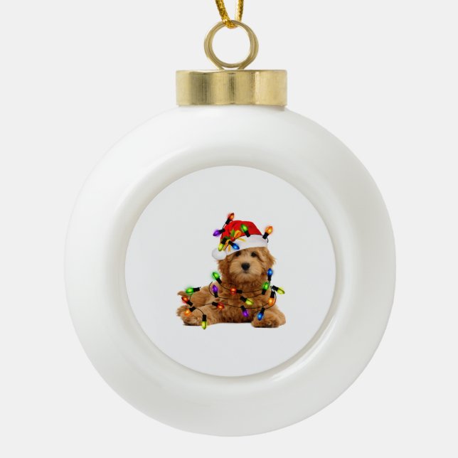 Goldendoodle Santa Dog Ceramic Ball Christmas Ornament (Front)