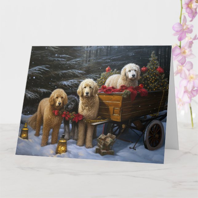Goldendoodle Snowy Sleigh Christmas Decor   Card (Orchid)