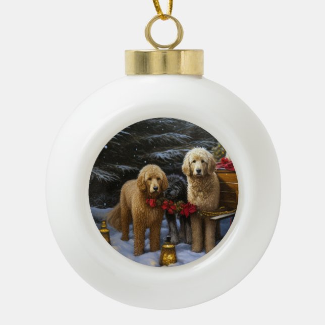 Goldendoodle Snowy Sleigh Christmas Decor   Ceramic Ball Christmas Ornament (Front)
