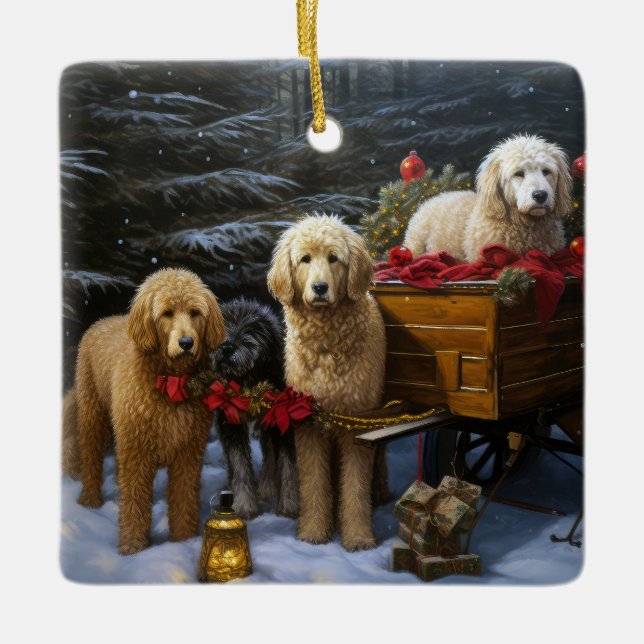 Goldendoodle Snowy Sleigh Christmas Decor   Ceramic Ornament (Front)