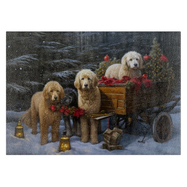 Goldendoodle Snowy Sleigh Christmas Decor Cutting Board (Front)