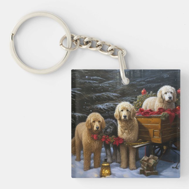 Goldendoodle Snowy Sleigh Christmas Decor   Key Ring (Front)