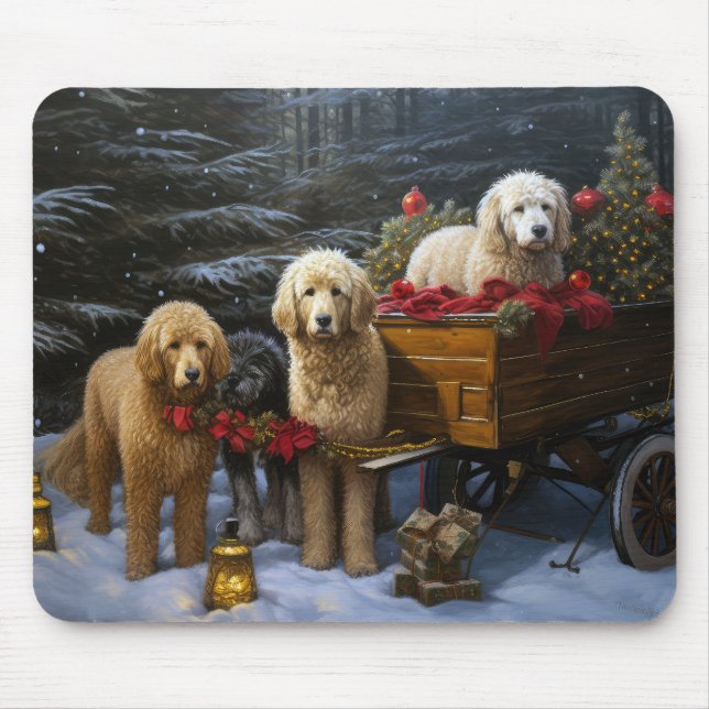 Goldendoodle Snowy Sleigh Christmas Decor Mouse Mat (Front)