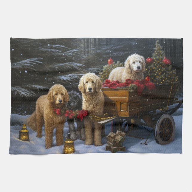 Goldendoodle Snowy Sleigh Christmas Decor   Tea Towel (Horizontal)