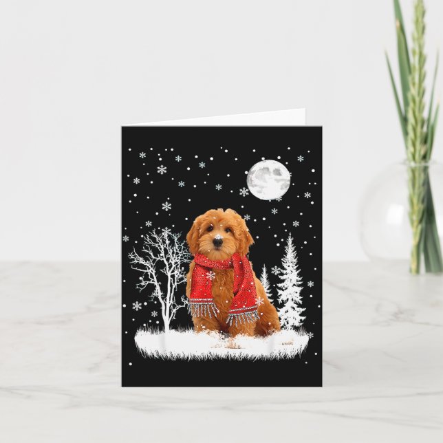 Goldendoodle Under Moonlight Snow Christmas Pajama Card (Front)