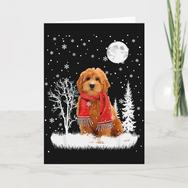 Goldendoodle Under Moonlight Snow Christmas Pajama Card (Front)