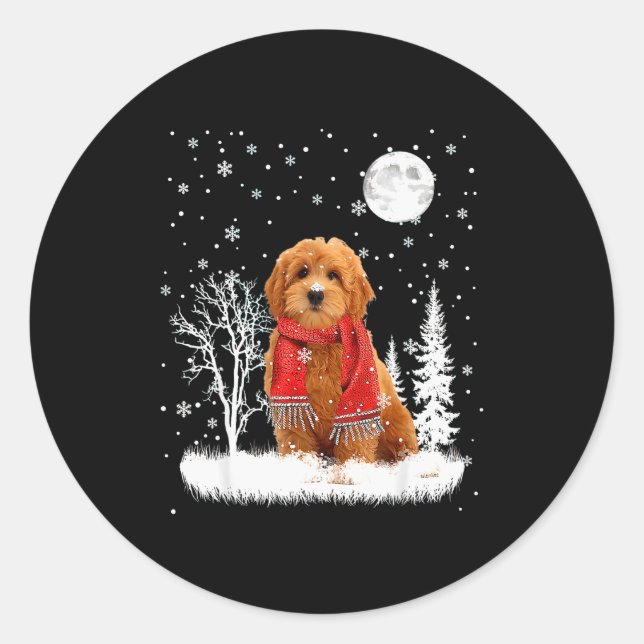 Goldendoodle Under Moonlight Snow Christmas Pajama Classic Round Sticker (Front)