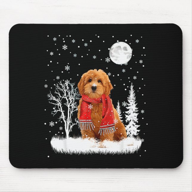 Goldendoodle Under Moonlight Snow Christmas Pajama Mouse Mat (Front)
