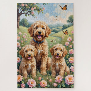 Goldendoodle Wild Rose Meadow Art Jigsaw Puzzle