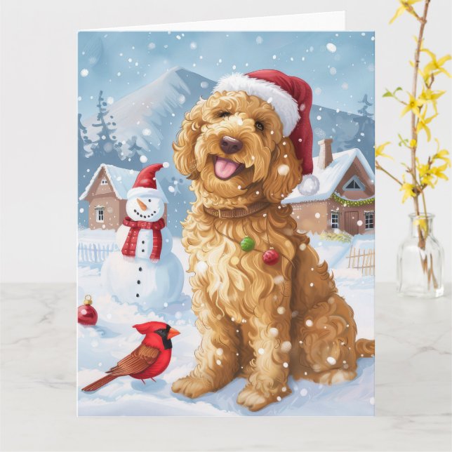 Goldendoodle Winter Wonderland Christmas Joy Card (Yellow Flower)