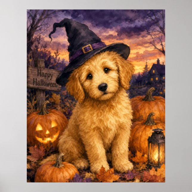 Goldendoodle Witch Hat Pumpkin Poster (Front)