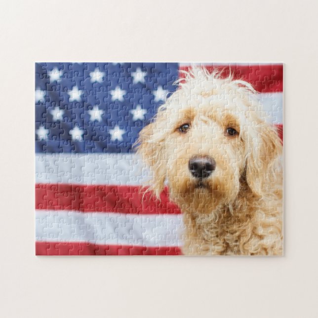 Goldendoodle With American Flag Jigsaw Puzzle (Horizontal)