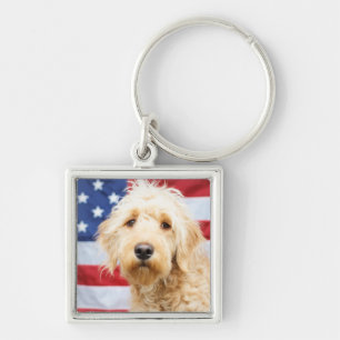 Goldendoodle With American Flag Key Ring