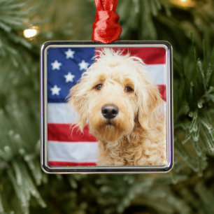 Goldendoodle With American Flag Metal Tree Decoration